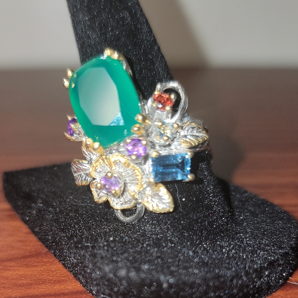 Elegant Green Natural Opyx and Blue Gemstone  925 Sterling Silver Ring  8